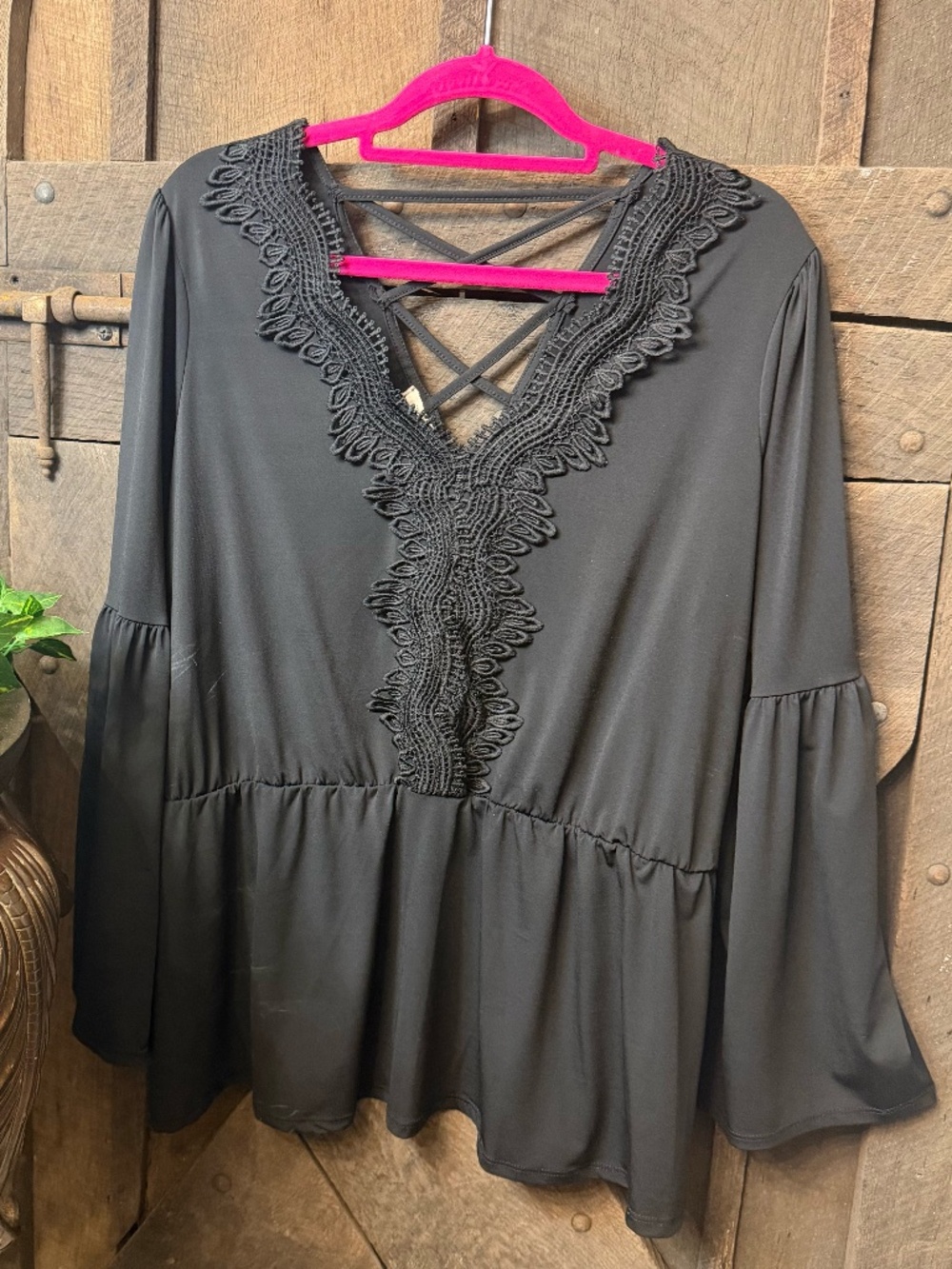 Maurices Black Crochet Lace Bell Sleeve Peplum Top Strappy Back
